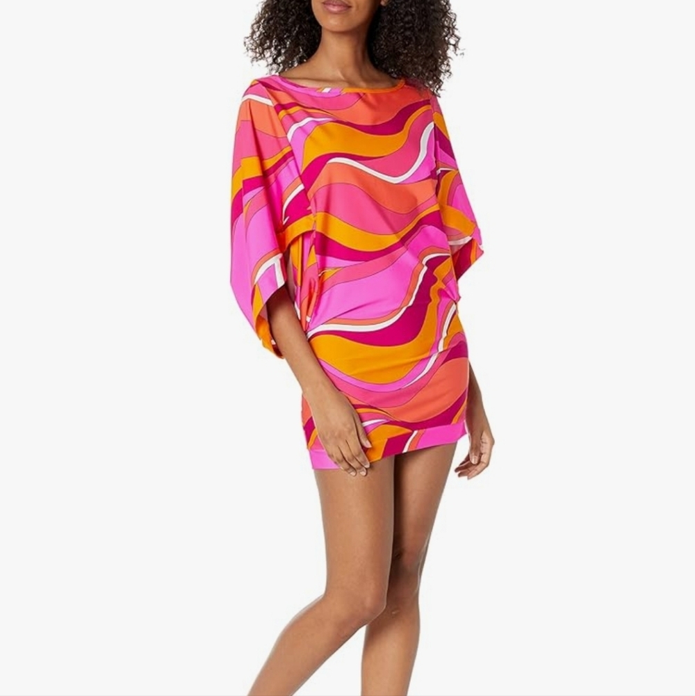 Trina Turk Standard Vivid Vista Drape-Sleeve Swim Tunic-Bathing Suit Cover Up Lg